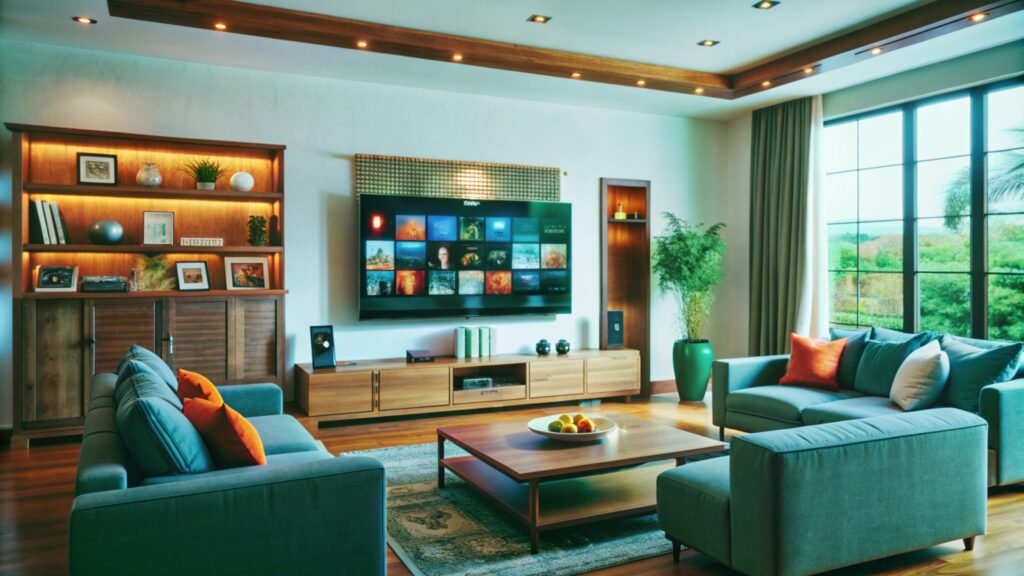modern living room with teal couches, tv, and wood accents.